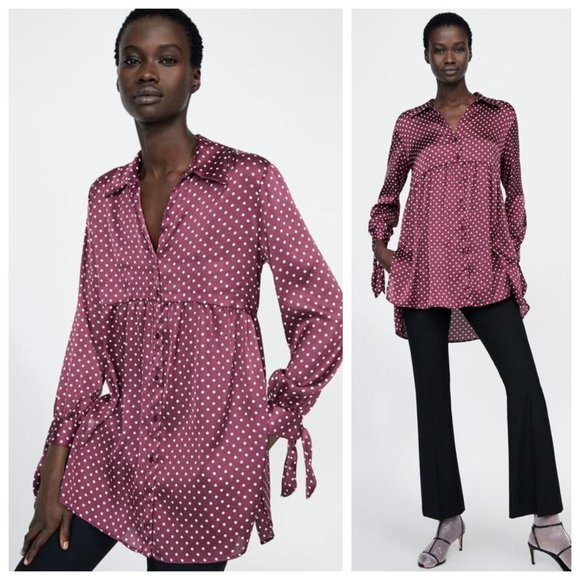 Zara Satin Burgundy Red Polka Dot Button Down Long Sleeve Tunic Top - Picture 1 of 7
